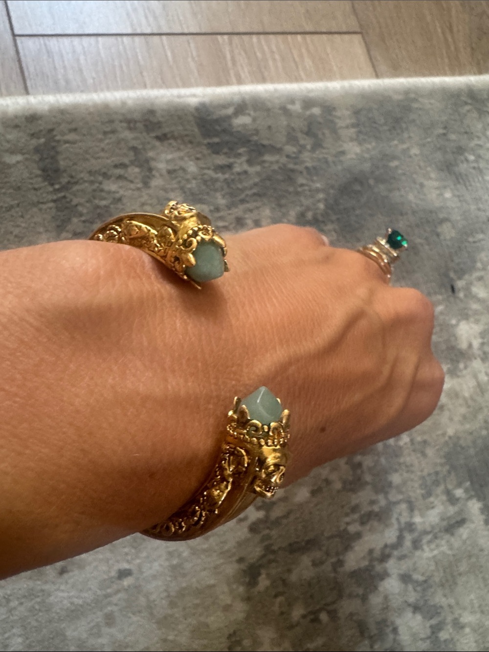 Authentic Alexander McQueen Gold Cuff with Sage-Green Stones